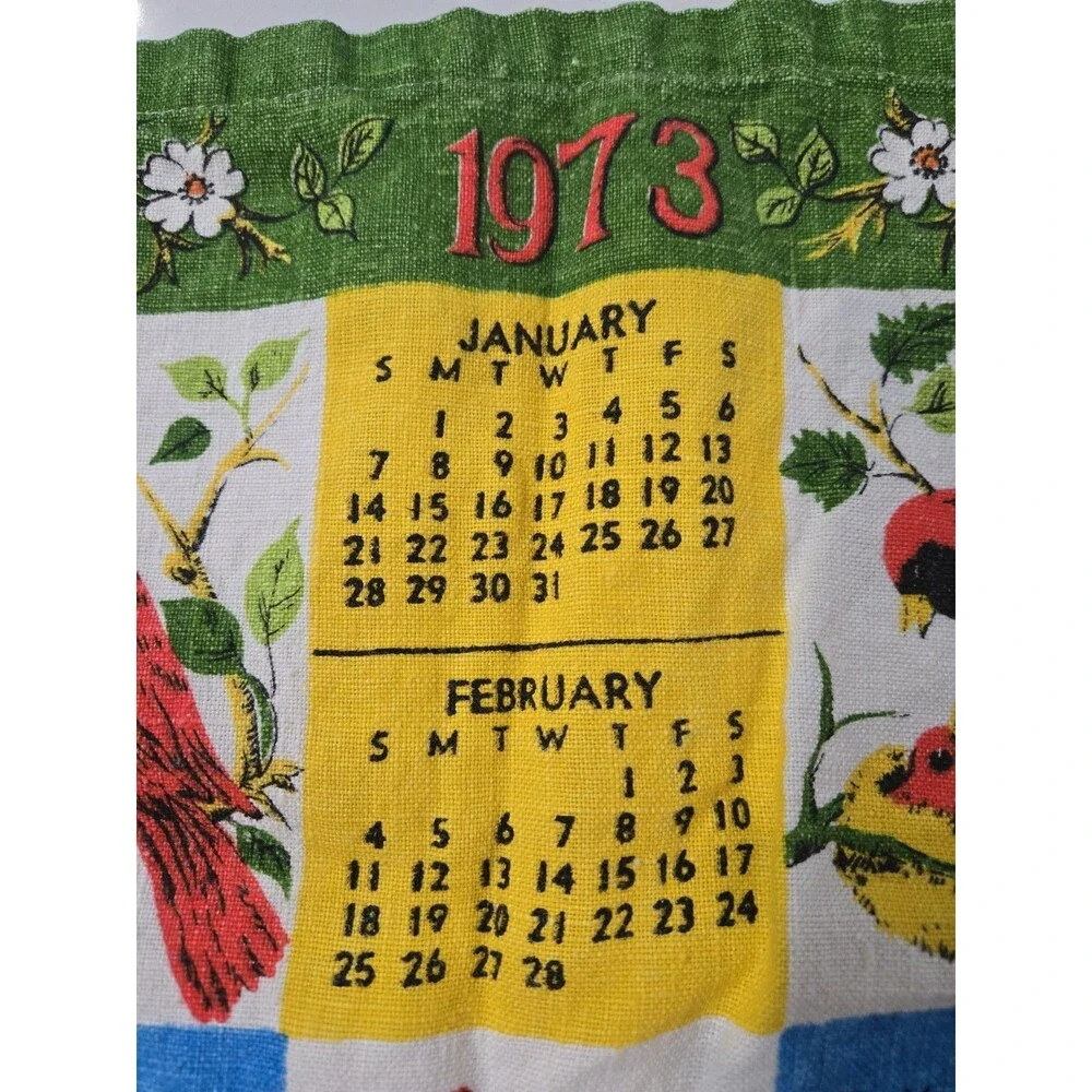 Vintage Linen Bird Tea Towels (1) 1973 Calendar And (1) Bird List